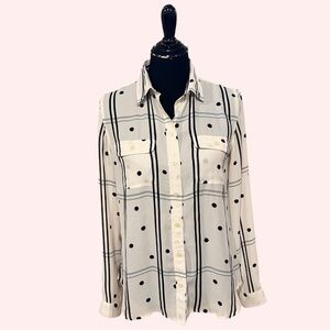 Ann Taylor LOFT White and Black Polka Dot Plaid Shirt-Small